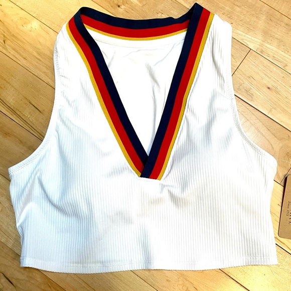 NWT Sperry Ribbed Blue Red Yellow Stripes V neck Swim/Sports CROP TOP, Medium - Picture 3 of 9